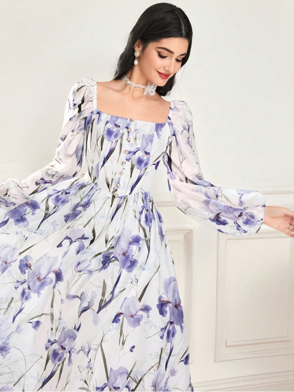 SHEIN Lavender Floral Square-Neck Long Sleeve Maxi Dress